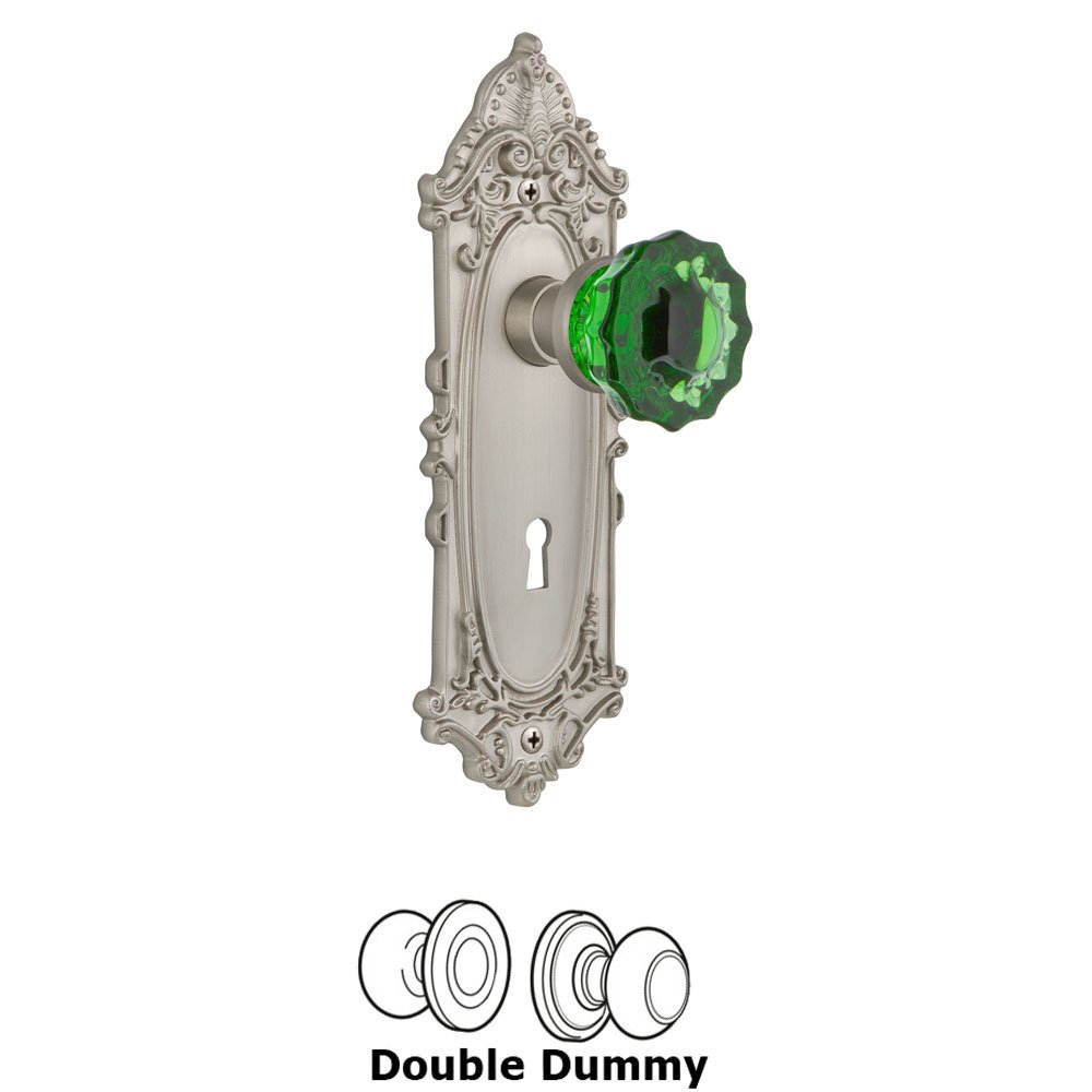Nostalgic Warehouse - Double Dummy - Victorian Plate with Keyhole Crystal Emerald Glass Door Knob in Satin Nickel