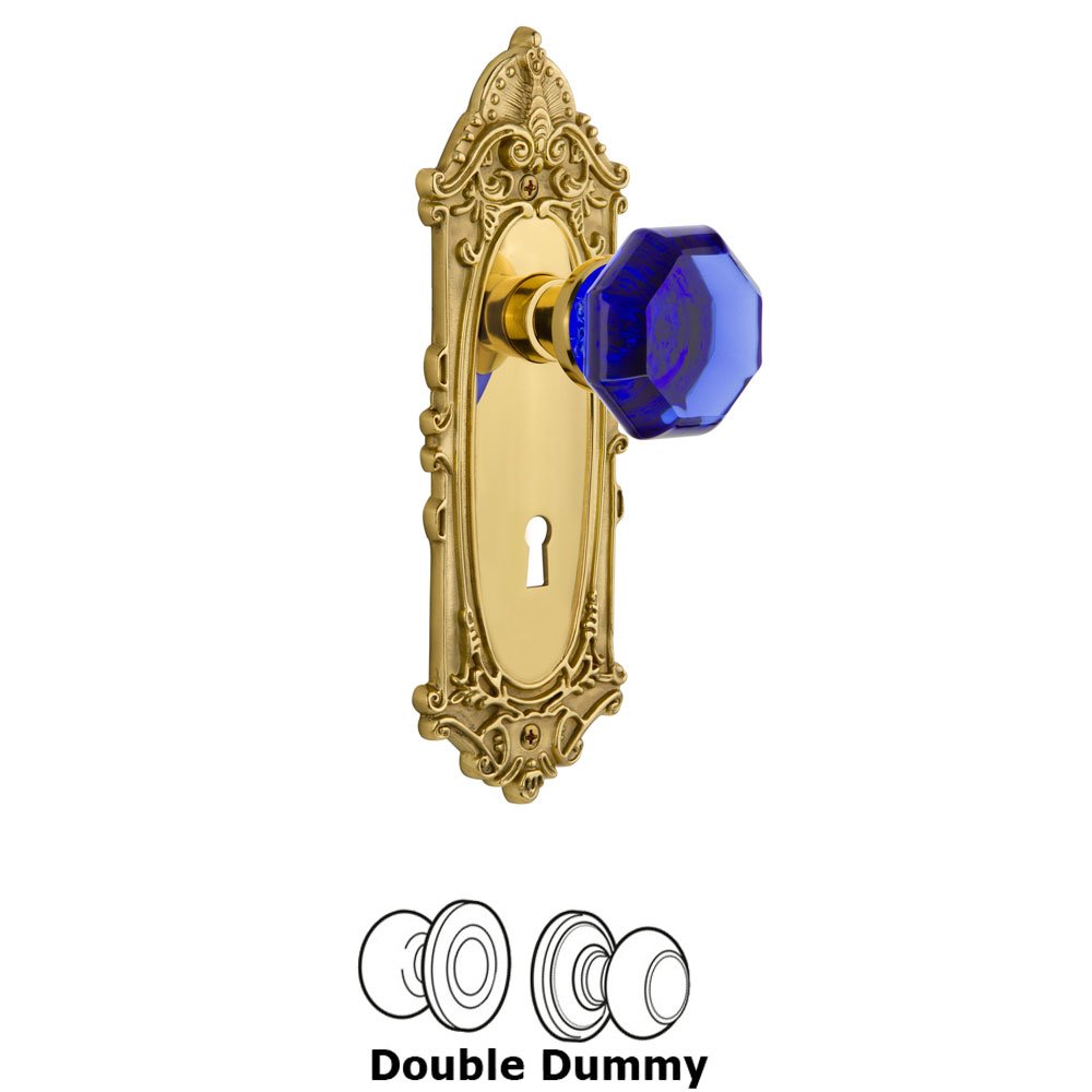 Nostalgic Warehouse - Double Dummy - Victorian Plate with Keyhole Waldorf Cobalt Door Knob in Polished Brass