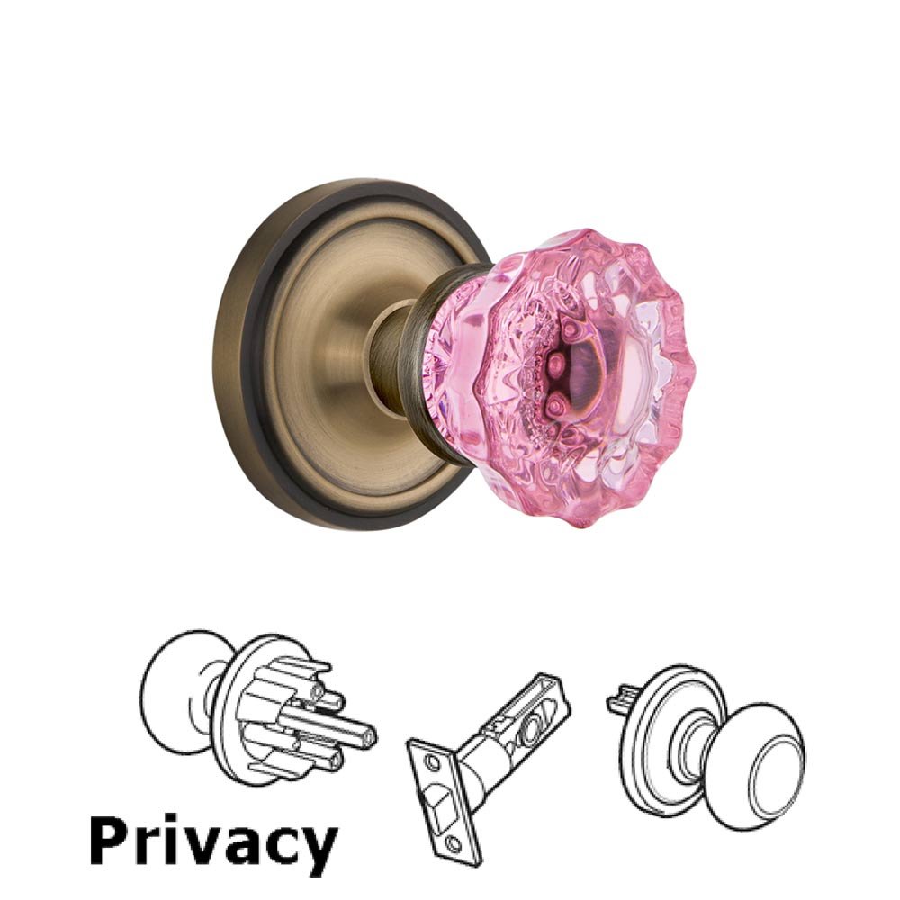 Nostalgic Warehouse - Privacy - Classic Rose Crystal Pink Glass Door Knob in Antique Brass