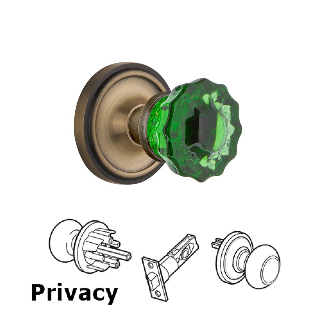 Nostalgic Warehouse - Privacy - Classic Rose Crystal Emerald Glass Door Knob in Antique Brass