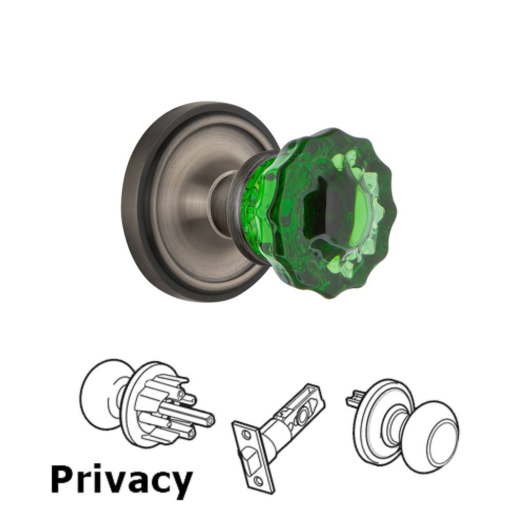 Nostalgic Warehouse - Privacy - Classic Rose Crystal Emerald Glass Door Knob in Antique Pewter
