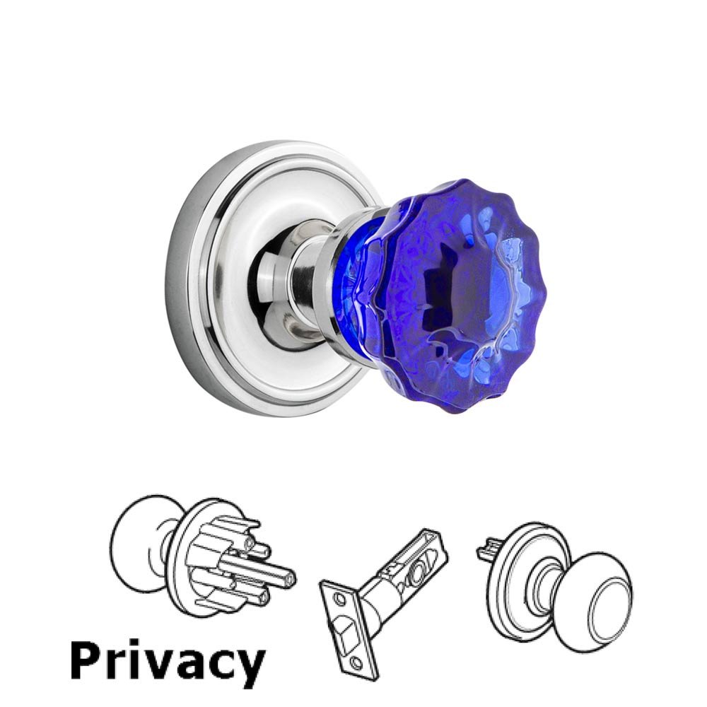 Nostalgic Warehouse - Privacy - Classic Rose Crystal Cobalt Glass Door Knob in Bright Chrome