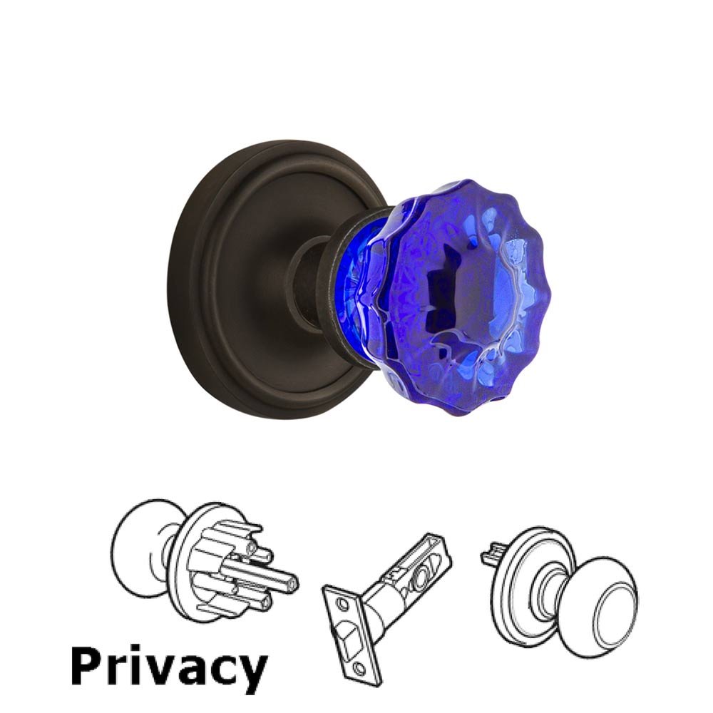 Nostalgic Warehouse - Privacy - Classic Rose Crystal Cobalt Glass Door Knob in Oil-Rubbed Bronze
