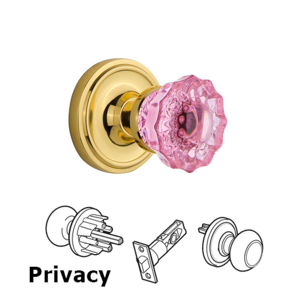 Nostalgic Warehouse - Privacy - Classic Rose Crystal Pink Glass Door Knob in Polished Brass