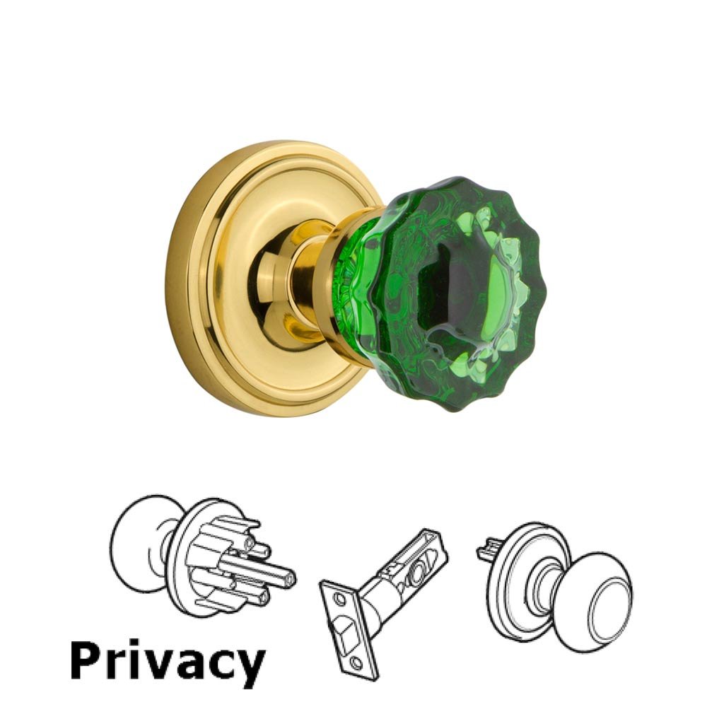 Nostalgic Warehouse - Privacy - Classic Rose Crystal Emerald Glass Door Knob in Unlaquered Brass