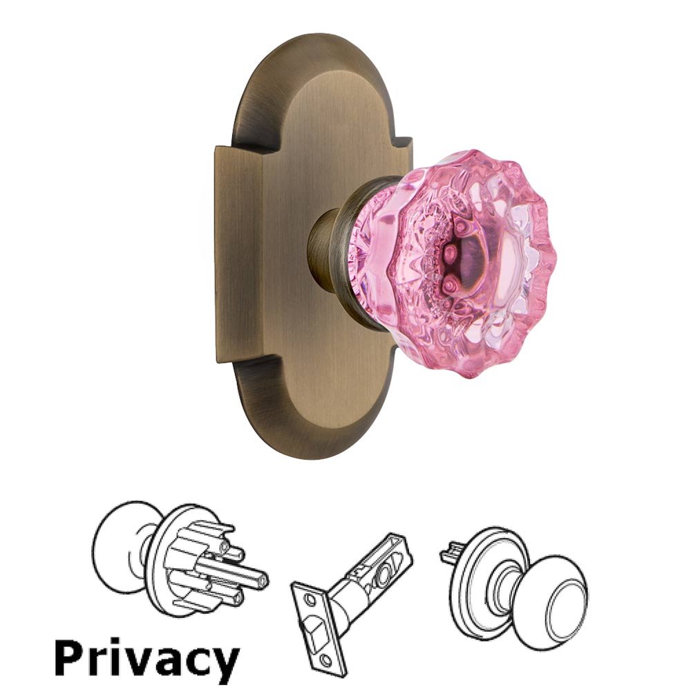 Nostalgic Warehouse - Privacy - Cottage Plate Crystal Pink Glass Door Knob in Antique Brass