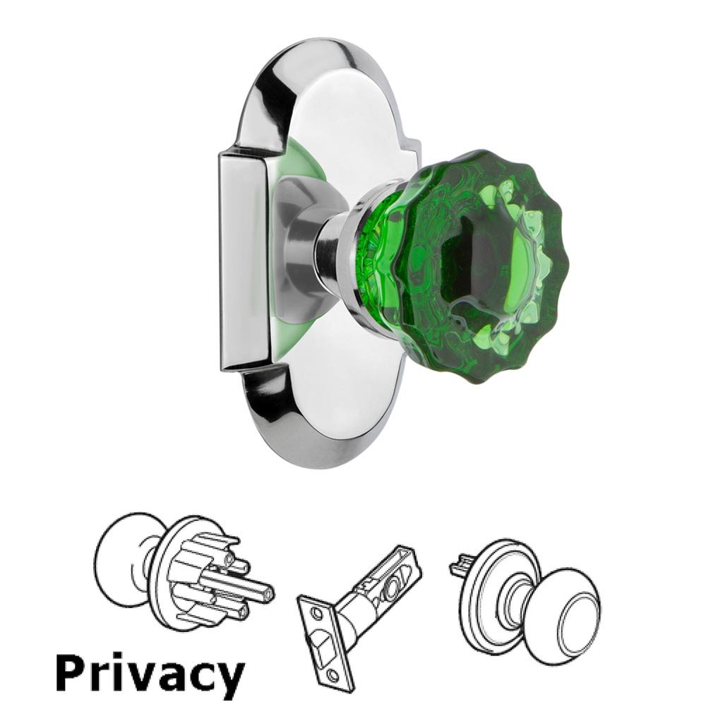 Nostalgic Warehouse - Privacy - Cottage Plate Crystal Emerald Glass Door Knob in Bright Chrome