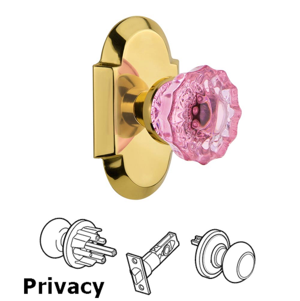 Nostalgic Warehouse - Privacy - Cottage Plate Crystal Pink Glass Door Knob in Polished Brass