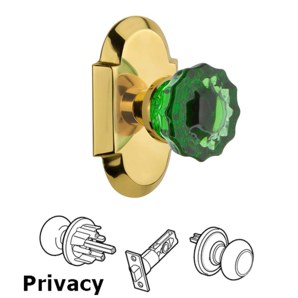 Nostalgic Warehouse - Privacy - Cottage Plate Crystal Emerald Glass Door Knob in Polished Brass