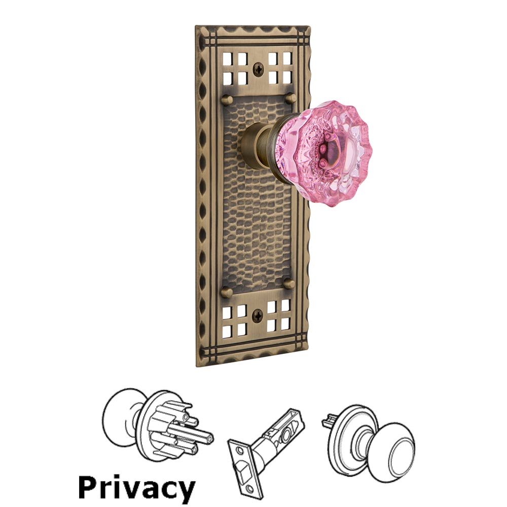 Privacy Craftsman Plate Crystal Pink Glass Door Knob in Antique Brass