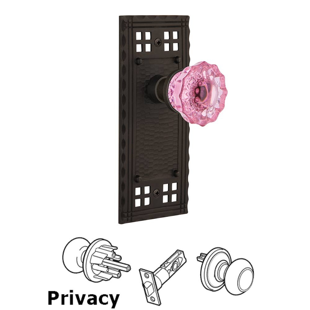 Privacy Craftsman Plate Crystal Pink Glass Door Knob in Oil Rubbed Bronze