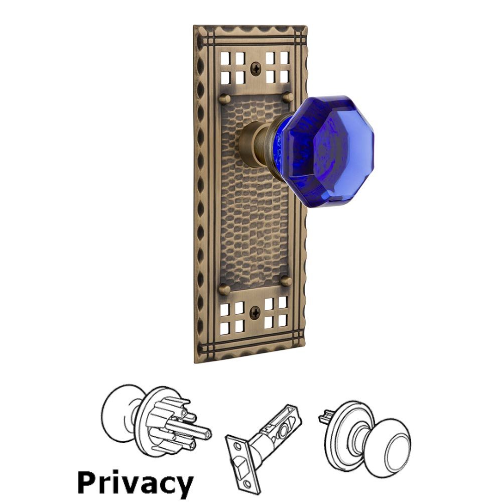 Privacy Craftsman Plate Waldorf Cobalt Door Knob in Antique Brass