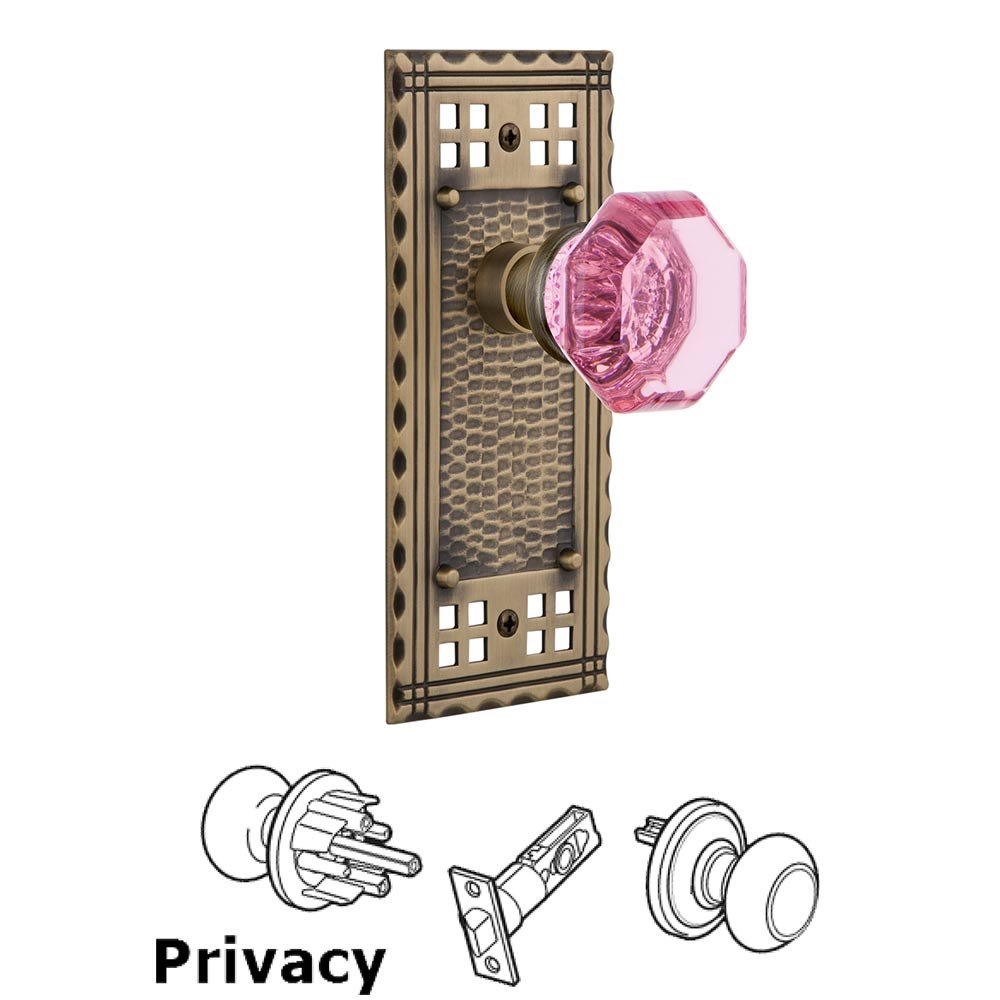 Privacy Craftsman Plate Waldorf Pink Door Knob in Antique Brass