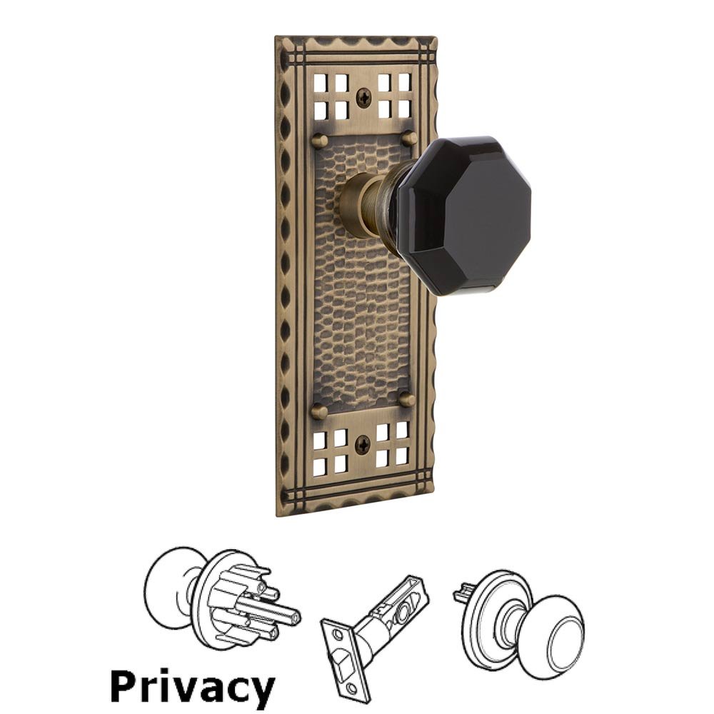 Privacy Craftsman Plate Waldorf Black Door Knob in Antique Brass