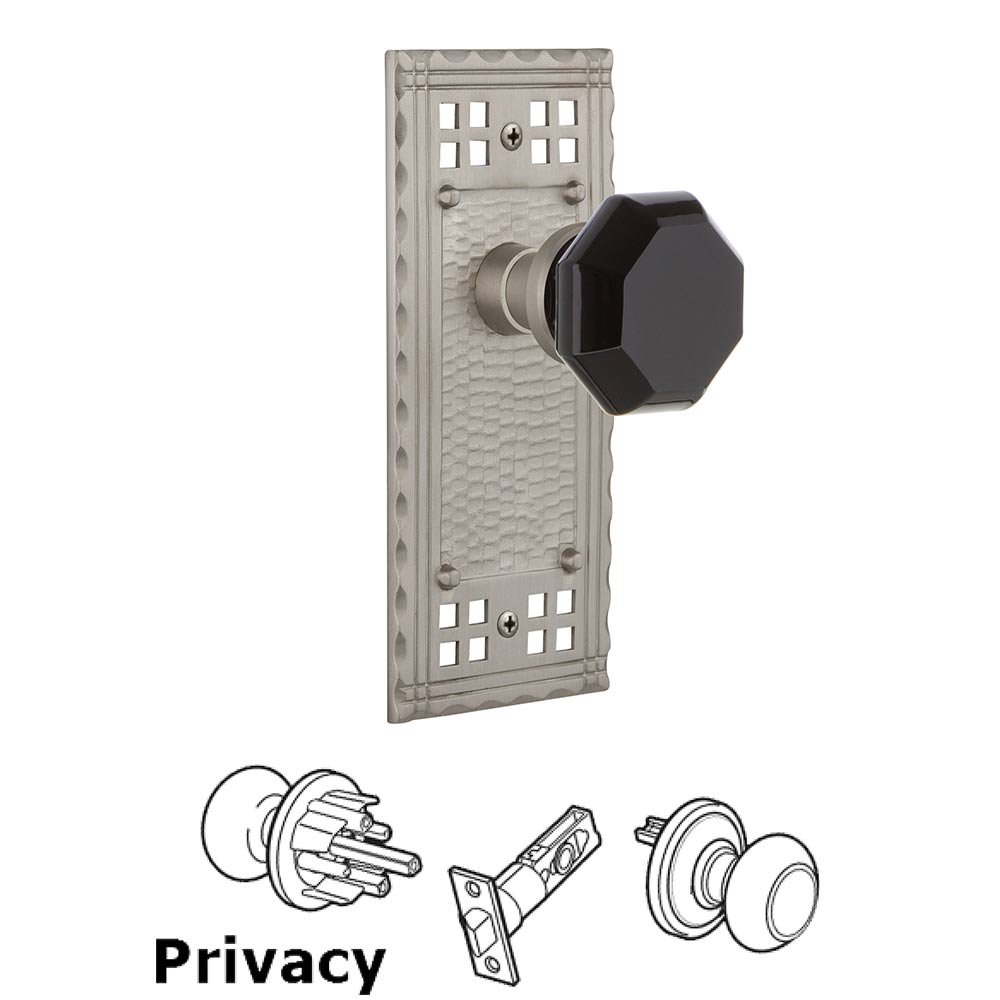 Privacy Craftsman Plate Waldorf Black Door Knob in Satin Nickel