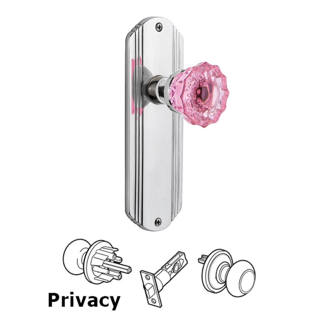 Nostalgic Warehouse - Privacy - Deco Plate Crystal Pink Glass Door Knob in Bright Chrome