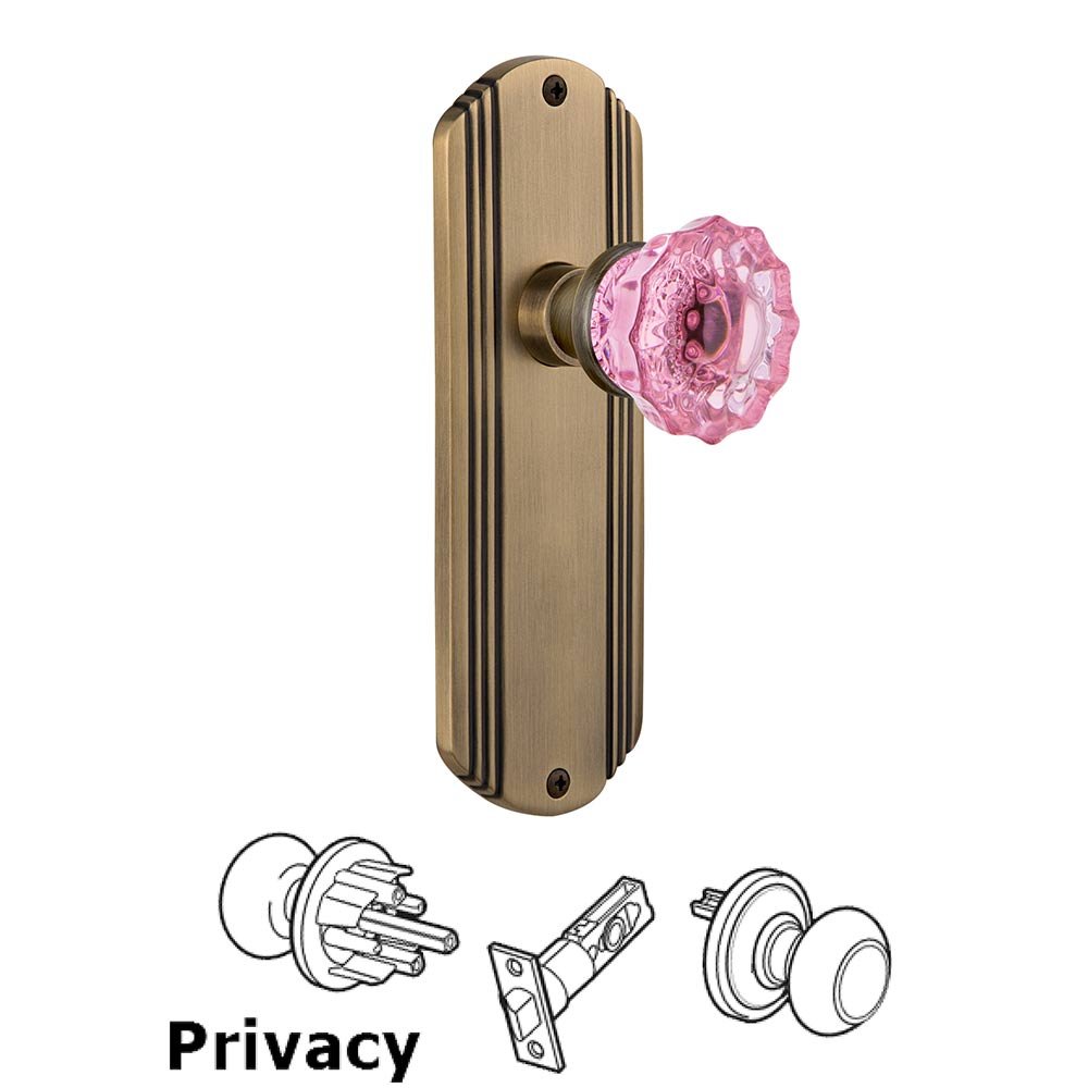 Nostalgic Warehouse - Privacy - Deco Plate Crystal Pink Glass Door Knob in Antique Brass