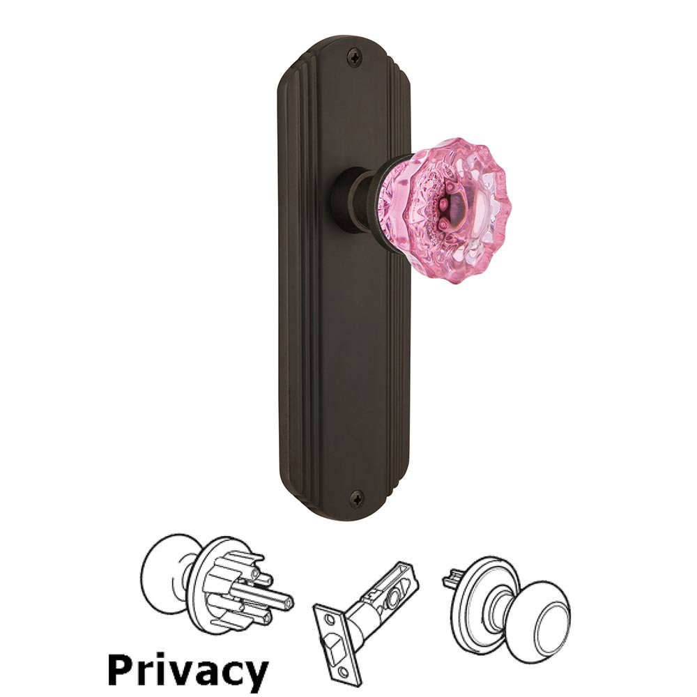 Nostalgic Warehouse - Privacy - Deco Plate Crystal Pink Glass Door Knob in Oil-Rubbed Bronze