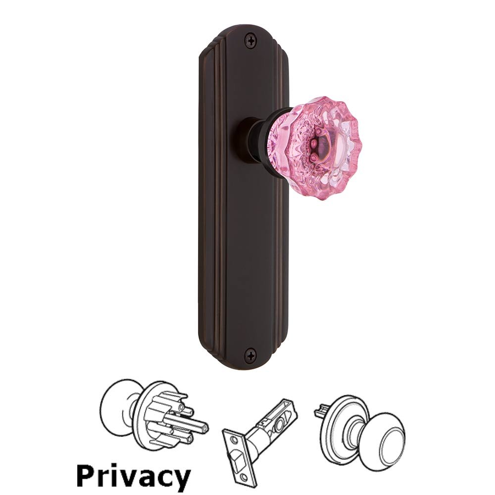 Nostalgic Warehouse - Privacy - Deco Plate Crystal Pink Glass Door Knob in Timeless Bronze