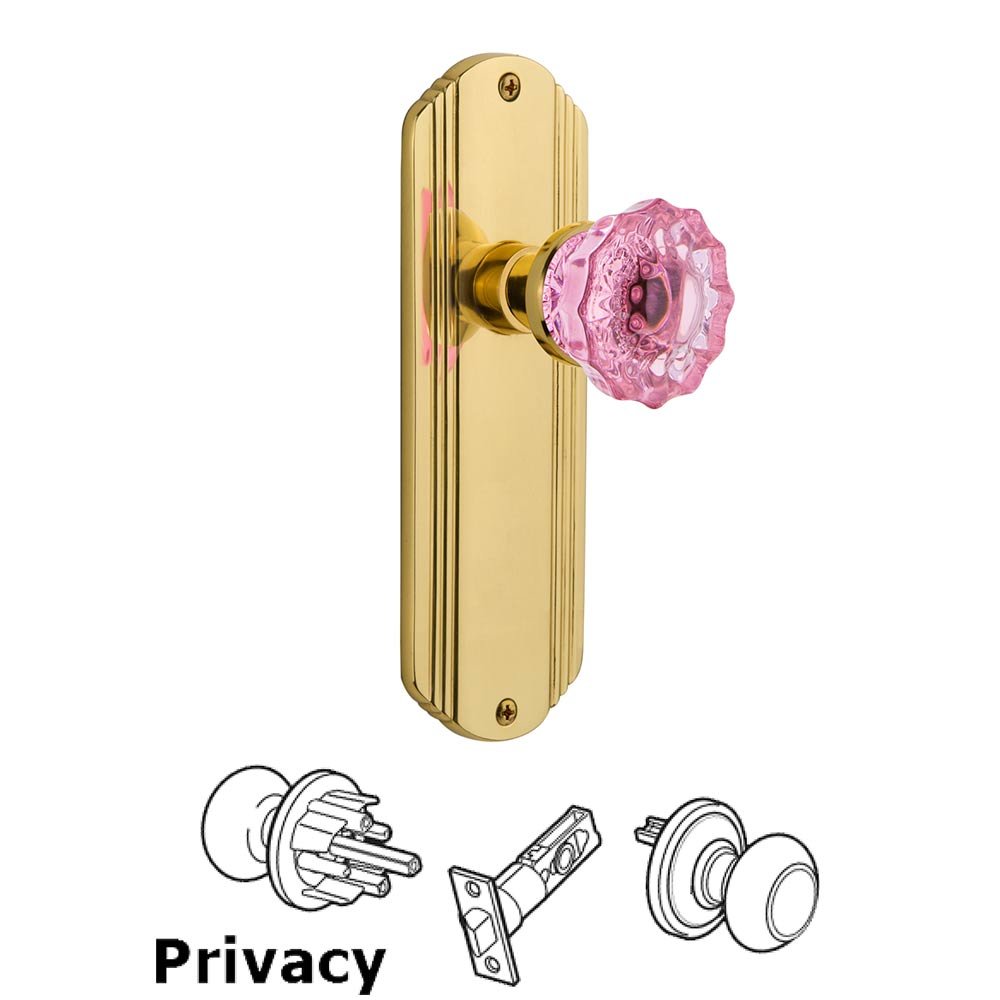 Nostalgic Warehouse - Privacy - Deco Plate Crystal Pink Glass Door Knob in Unlaquered Brass