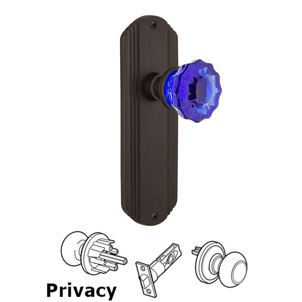 Nostalgic Warehouse - Privacy - Deco Plate Crystal Cobalt Glass Door Knob in Oil-Rubbed Bronze