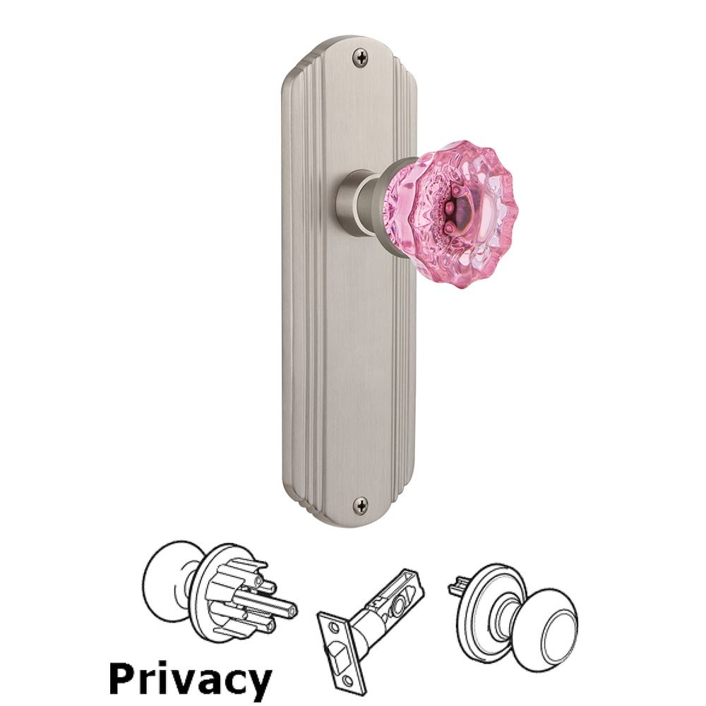 Nostalgic Warehouse - Privacy - Deco Plate Crystal Pink Glass Door Knob in Satin Nickel