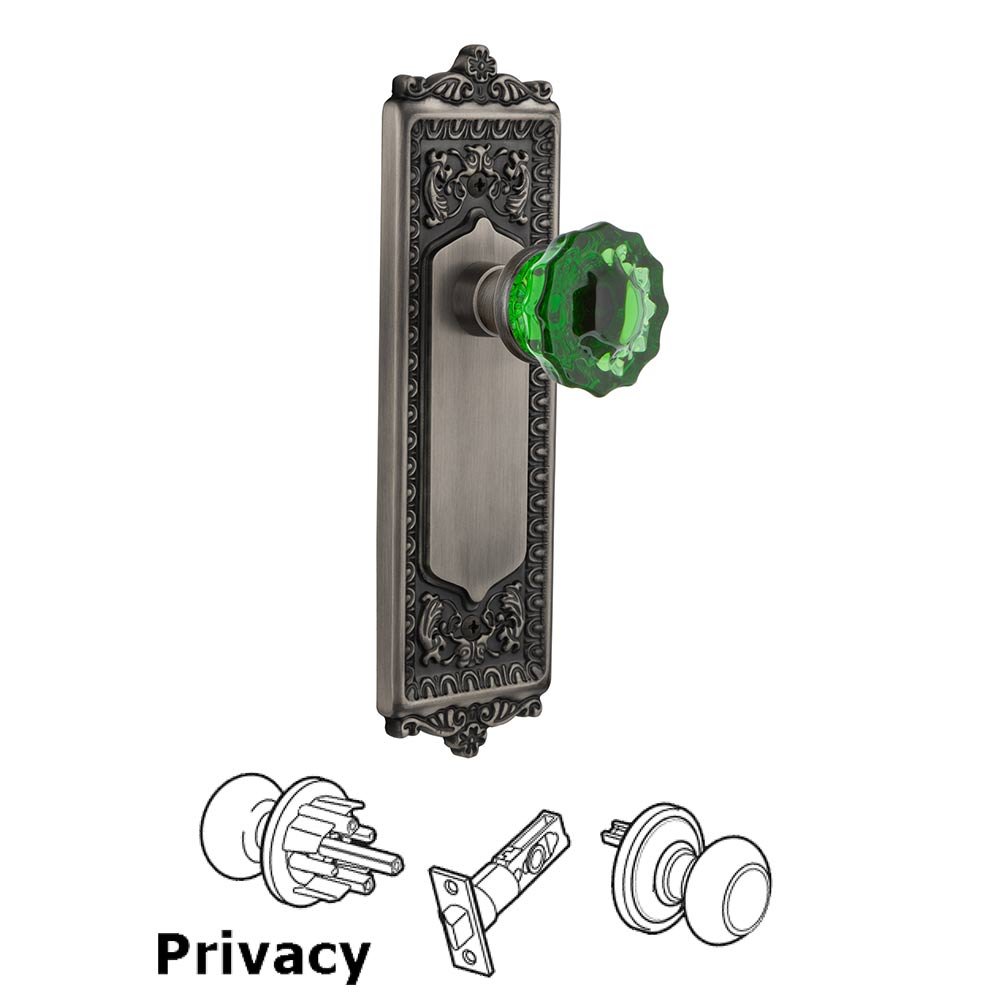 Nostalgic Warehouse - Privacy - Egg & Dart Plate Crystal Emerald Glass Door Knob in Antique Pewter