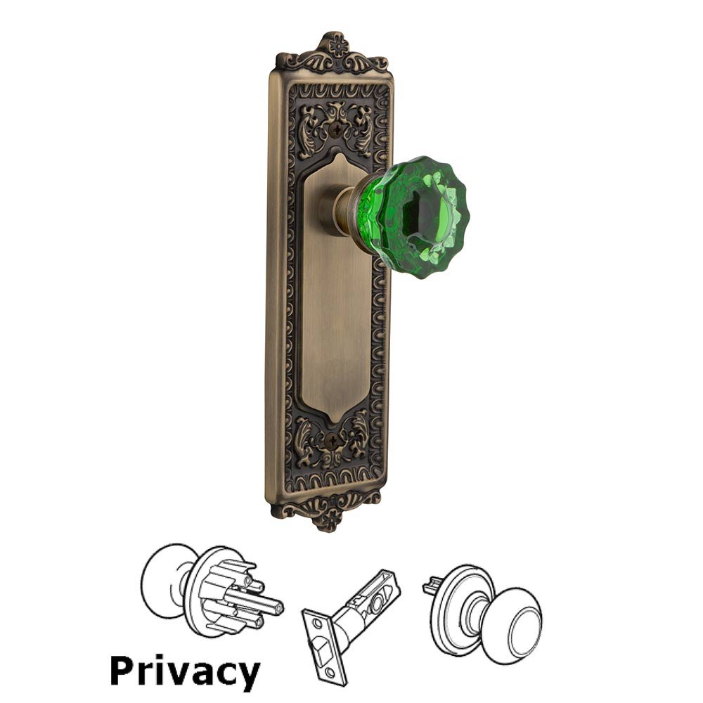 Nostalgic Warehouse - Privacy - Egg & Dart Plate Crystal Emerald Glass Door Knob in Antique Brass