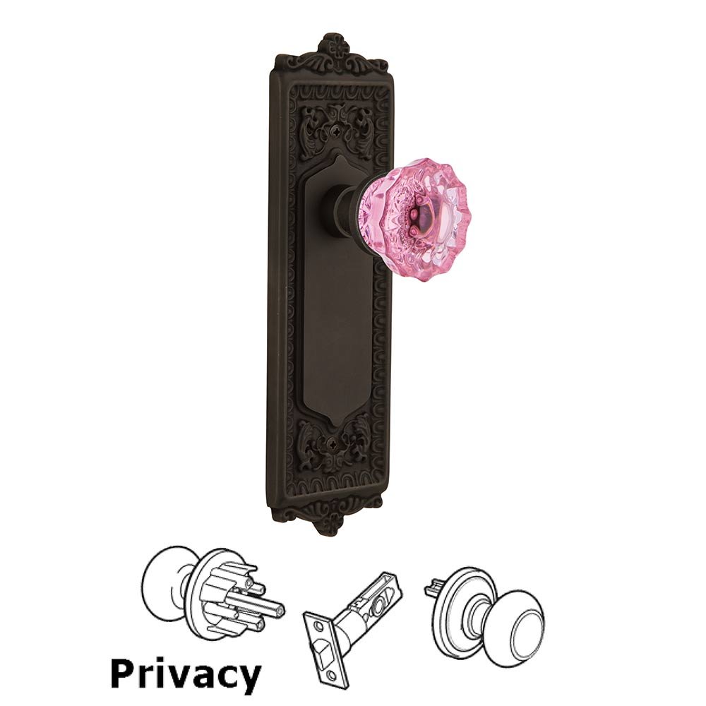 Nostalgic Warehouse - Privacy - Egg & Dart Plate Crystal Pink Glass Door Knob in Oil-Rubbed Bronze