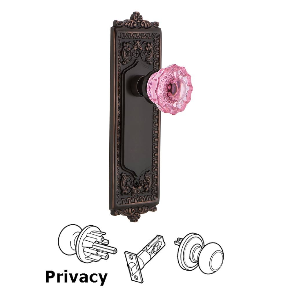 Nostalgic Warehouse - Privacy - Egg & Dart Plate Crystal Pink Glass Door Knob in Timeless Bronze