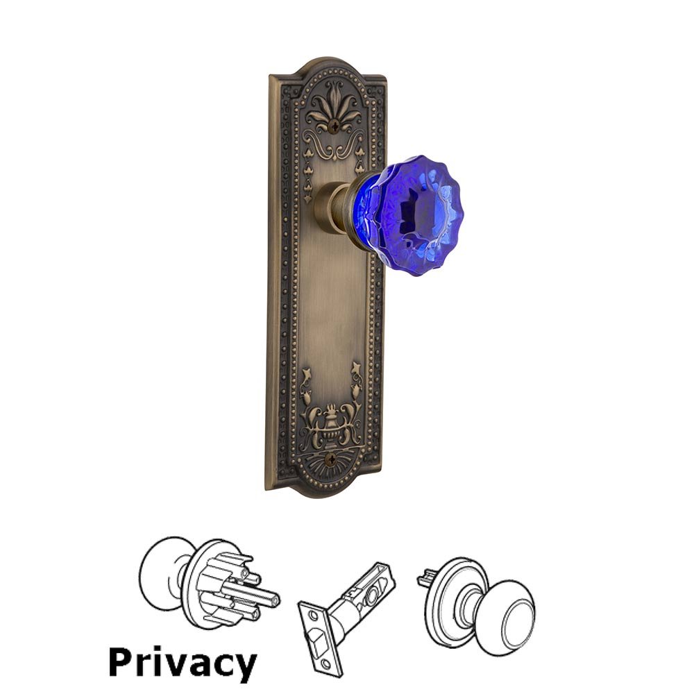 Nostalgic Warehouse - Privacy - Meadows Plate Crystal Cobalt Glass Door Knob in Antique Brass
