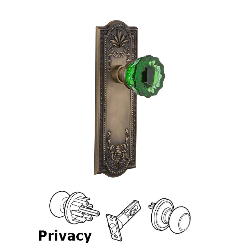 Nostalgic Warehouse - Privacy - Meadows Plate Crystal Emerald Glass Door Knob in Antique Brass