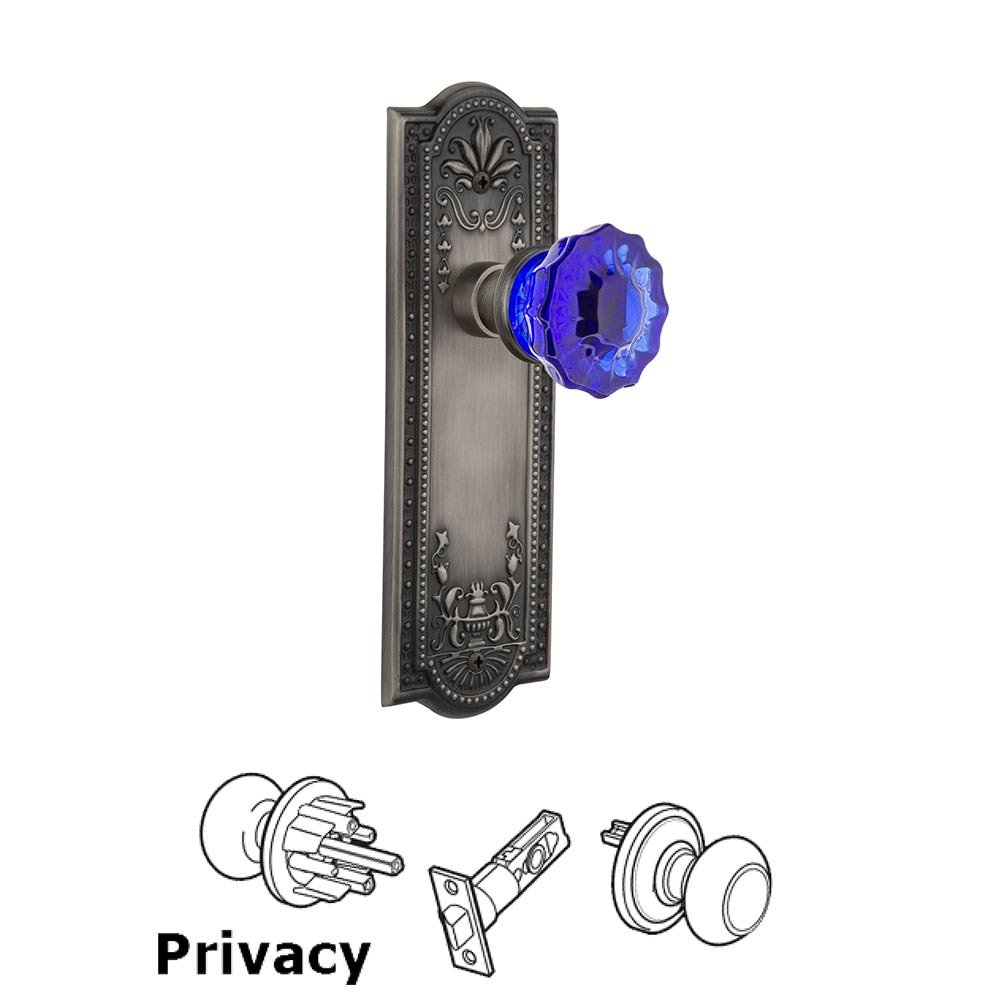 Nostalgic Warehouse - Privacy - Meadows Plate Crystal Cobalt Glass Door Knob in Antique Pewter