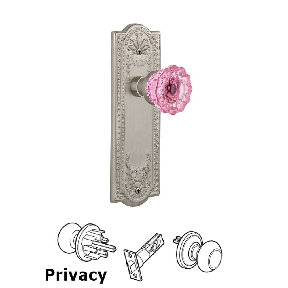 Nostalgic Warehouse - Privacy - Meadows Plate Crystal Pink Glass Door Knob in Satin Nickel