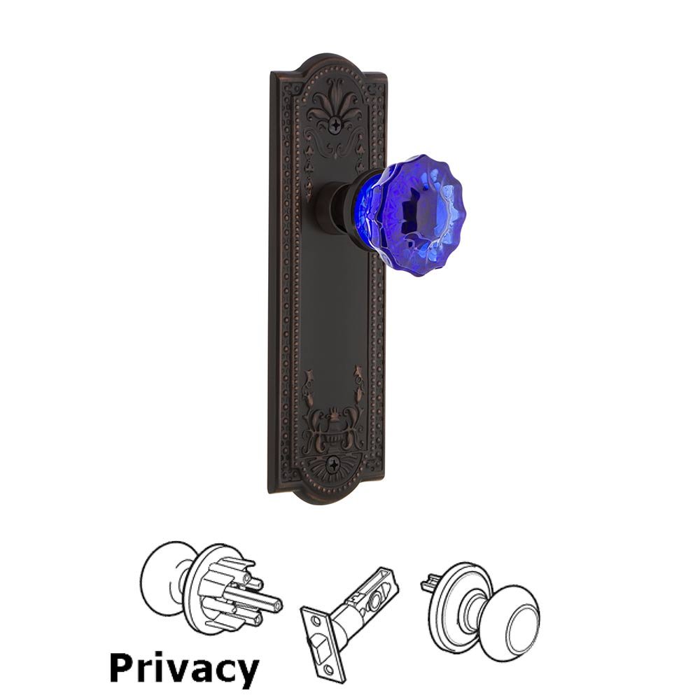Nostalgic Warehouse - Privacy - Meadows Plate Crystal Cobalt Glass Door Knob in Timeless Bronze
