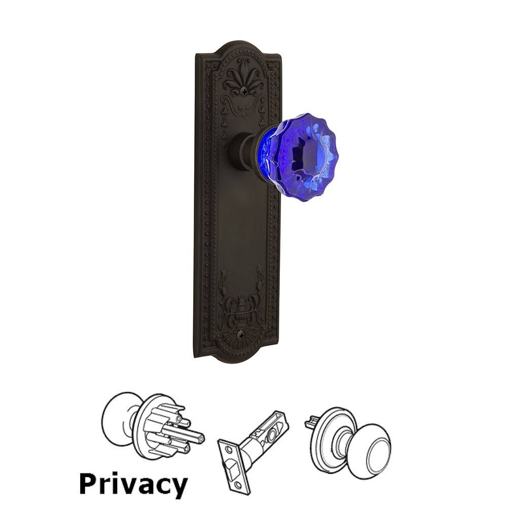 Nostalgic Warehouse - Privacy - Meadows Plate Crystal Cobalt Glass Door Knob in Oil-Rubbed Bronze