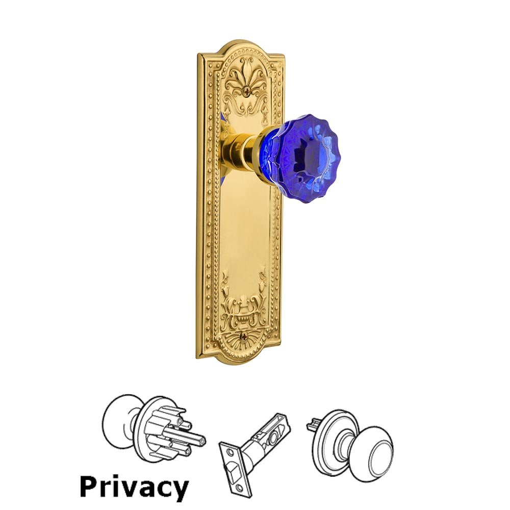 Nostalgic Warehouse - Privacy - Meadows Plate Crystal Cobalt Glass Door Knob in Polished Brass