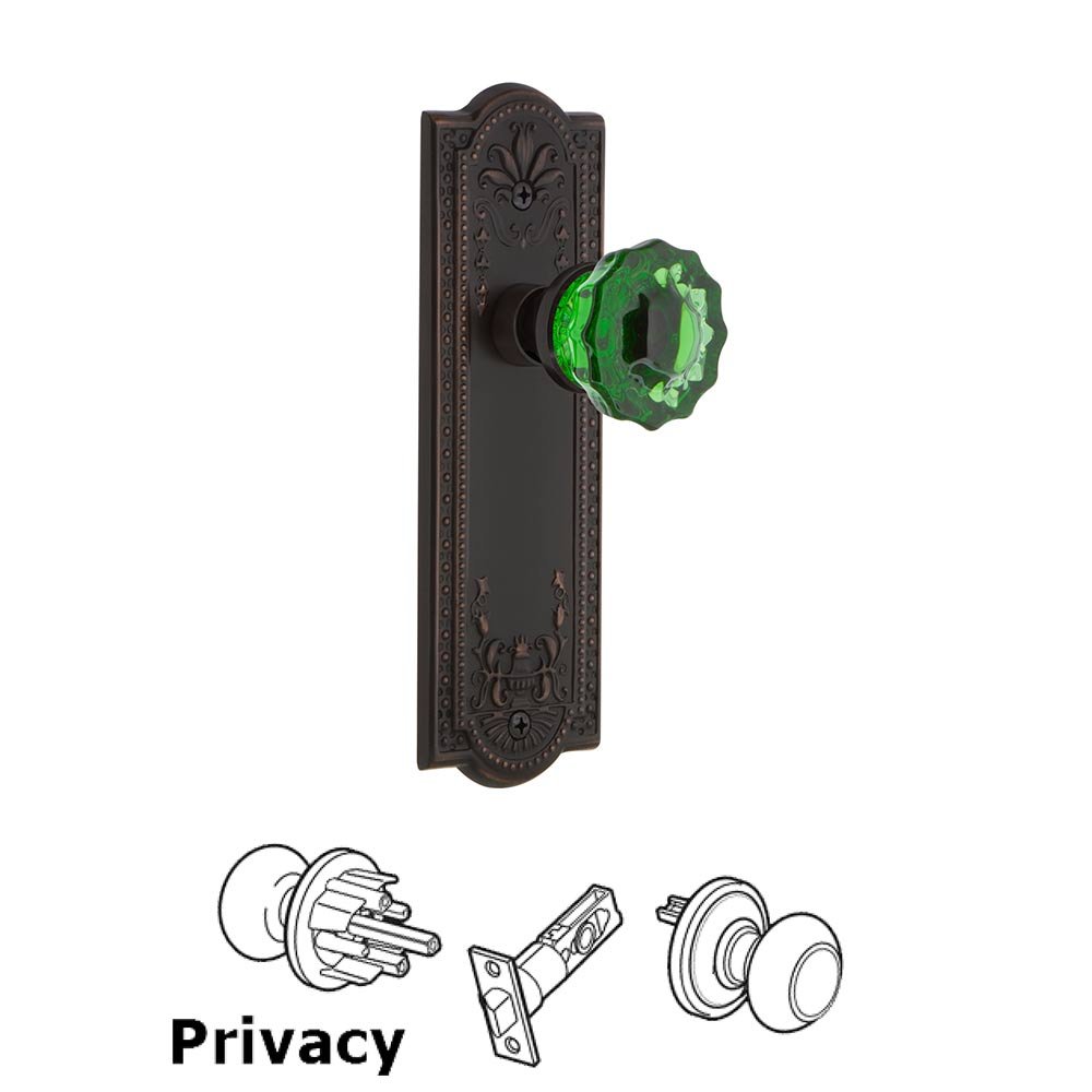 Nostalgic Warehouse - Privacy - Meadows Plate Crystal Emerald Glass Door Knob in Timeless Bronze