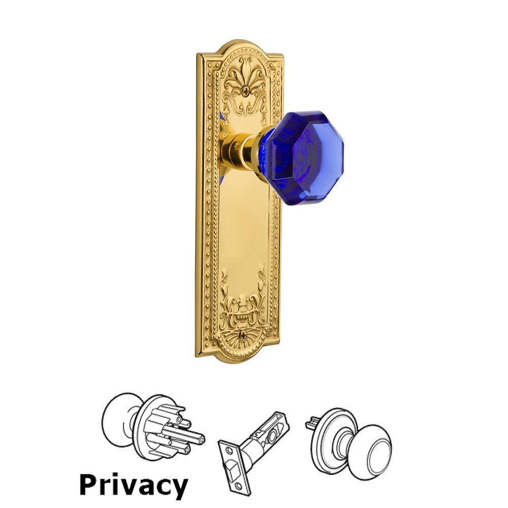 Nostalgic Warehouse - Privacy - Meadows Plate Waldorf Cobalt Door Knob in Polished Brass