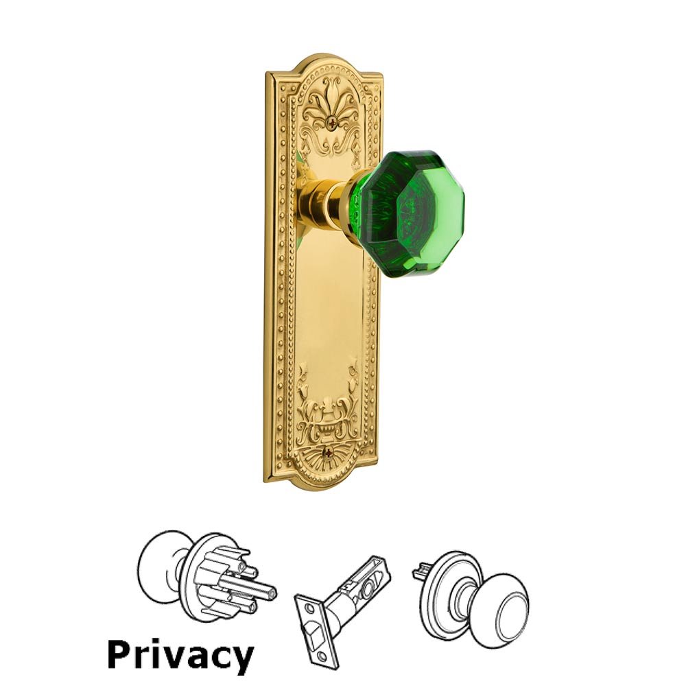 Nostalgic Warehouse - Privacy - Meadows Plate Waldorf Emerald Door Knob in Polished Brass