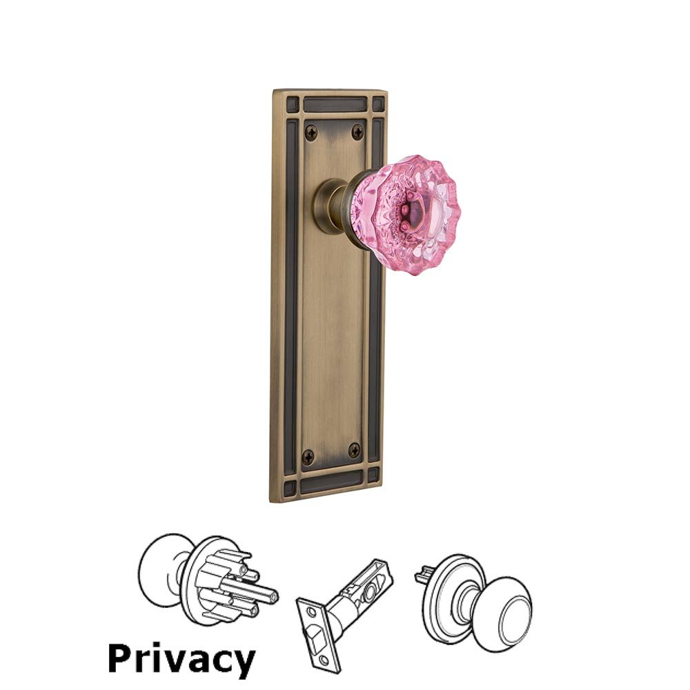 Nostalgic Warehouse - Privacy - Mission Plate Crystal Pink Glass Door Knob in Antique Brass
