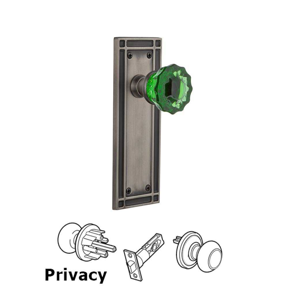 Nostalgic Warehouse - Privacy - Mission Plate Crystal Emerald Glass Door Knob in Antique Pewter
