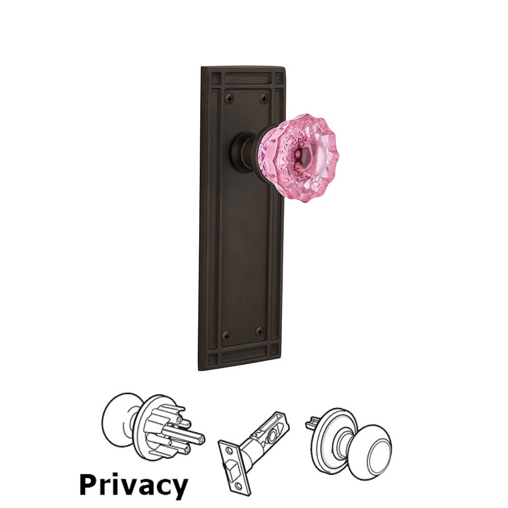 Nostalgic Warehouse - Privacy - Mission Plate Crystal Pink Glass Door Knob in Oil-Rubbed Bronze