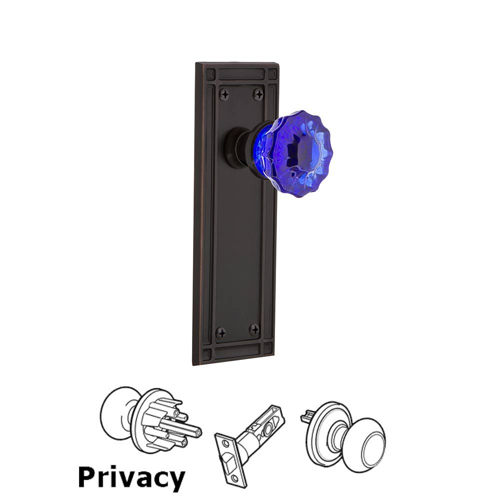 Nostalgic Warehouse - Privacy - Mission Plate Crystal Cobalt Glass Door Knob in Timeless Bronze