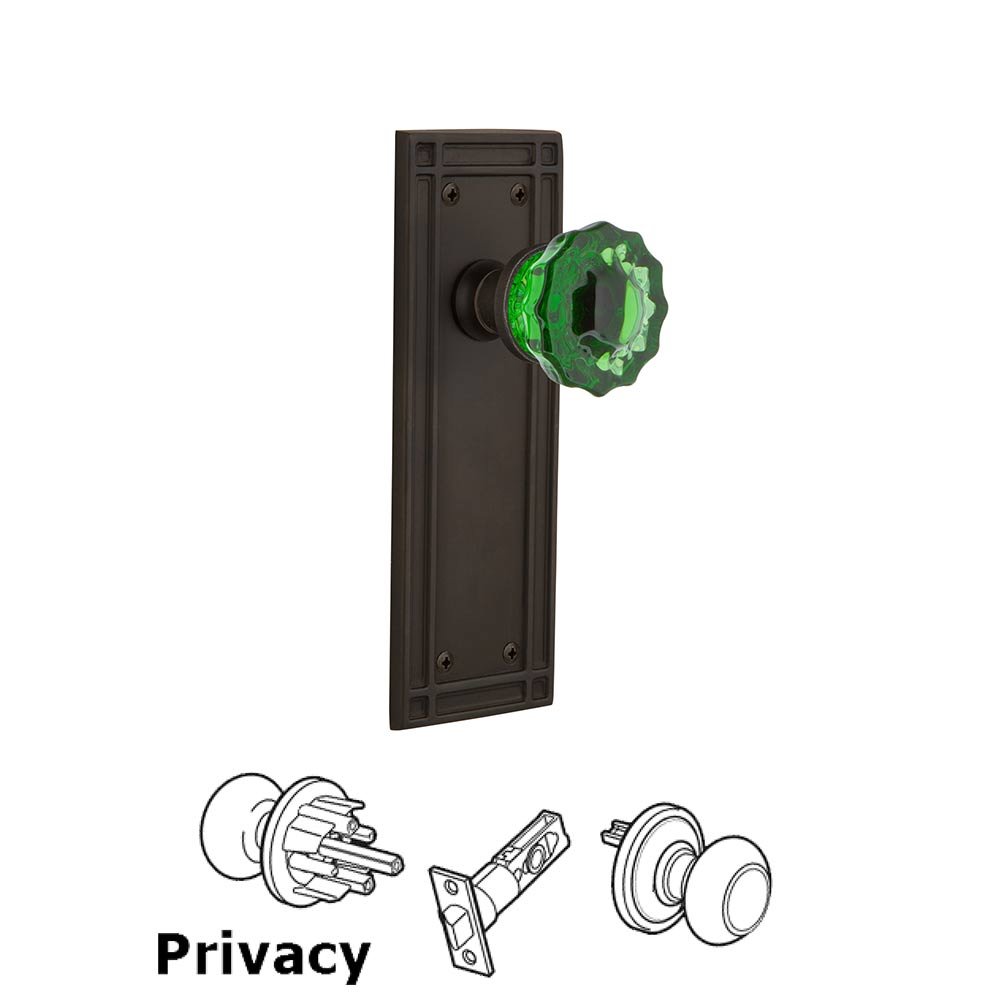 Nostalgic Warehouse - Privacy - Mission Plate Crystal Emerald Glass Door Knob in Oil-Rubbed Bronze