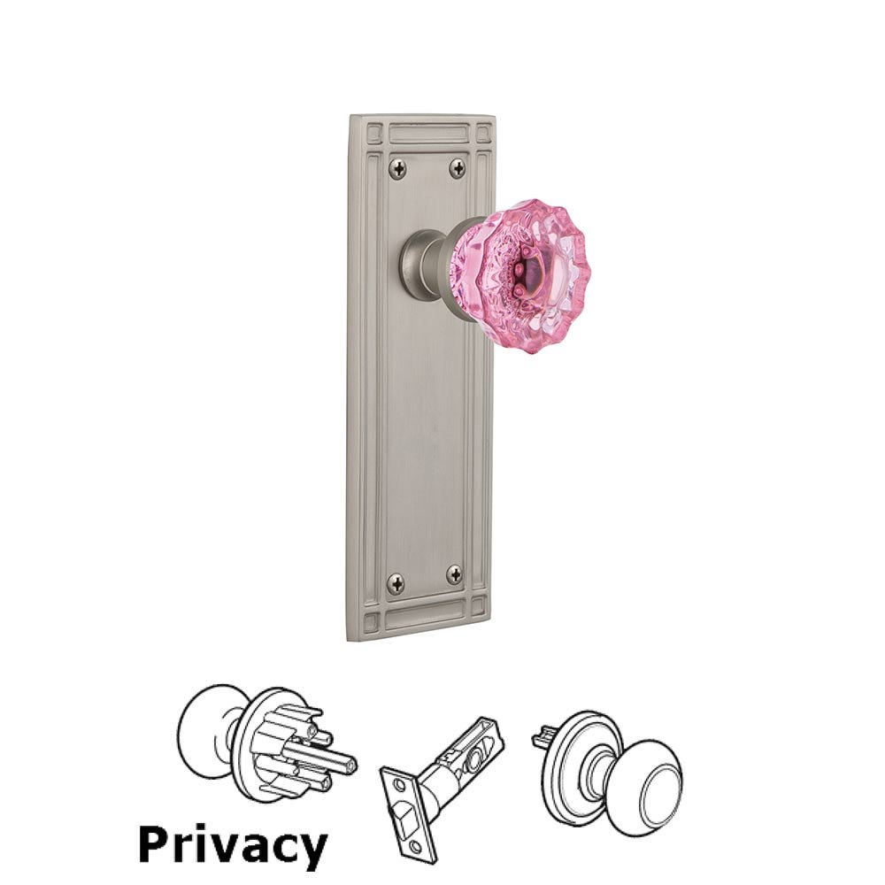 Nostalgic Warehouse - Privacy - Mission Plate Crystal Pink Glass Door Knob in Satin Nickel
