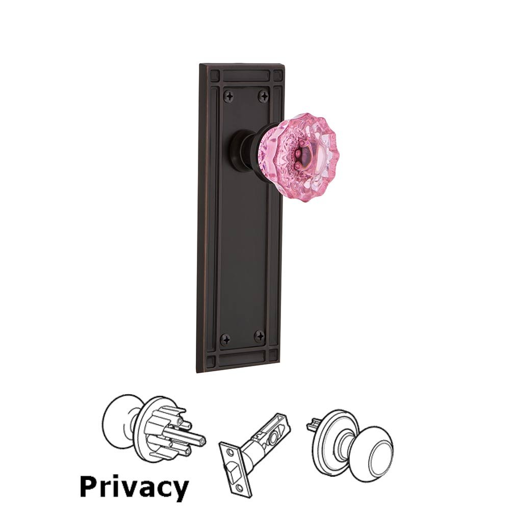 Nostalgic Warehouse - Privacy - Mission Plate Crystal Pink Glass Door Knob in Timeless Bronze