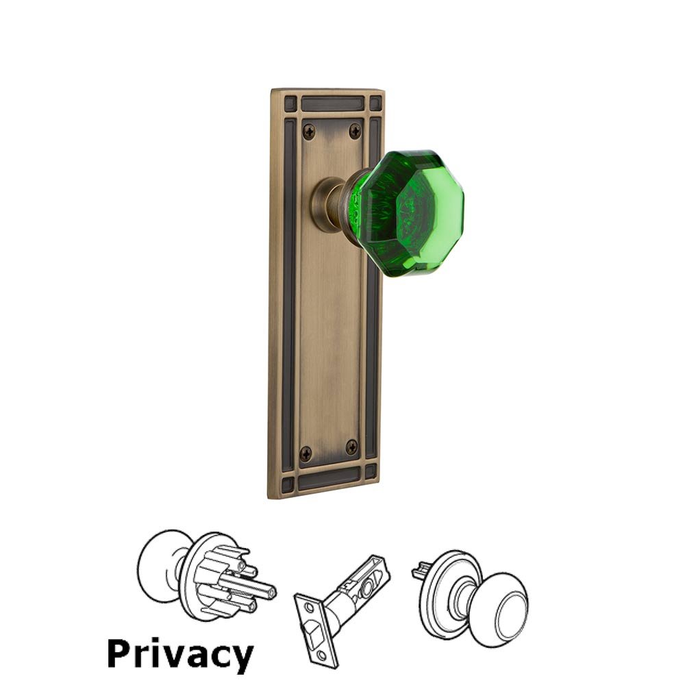 Nostalgic Warehouse - Privacy - Mission Plate Waldorf Emerald Door Knob in Antique Brass