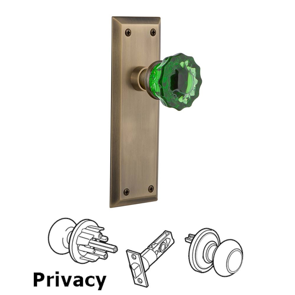 Nostalgic Warehouse - Privacy - New York Plate Crystal Emerald Glass Door Knob in Antique Brass