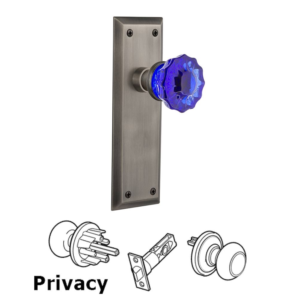 Nostalgic Warehouse - Privacy - New York Plate Crystal Cobalt Glass Door Knob in Antique Pewter
